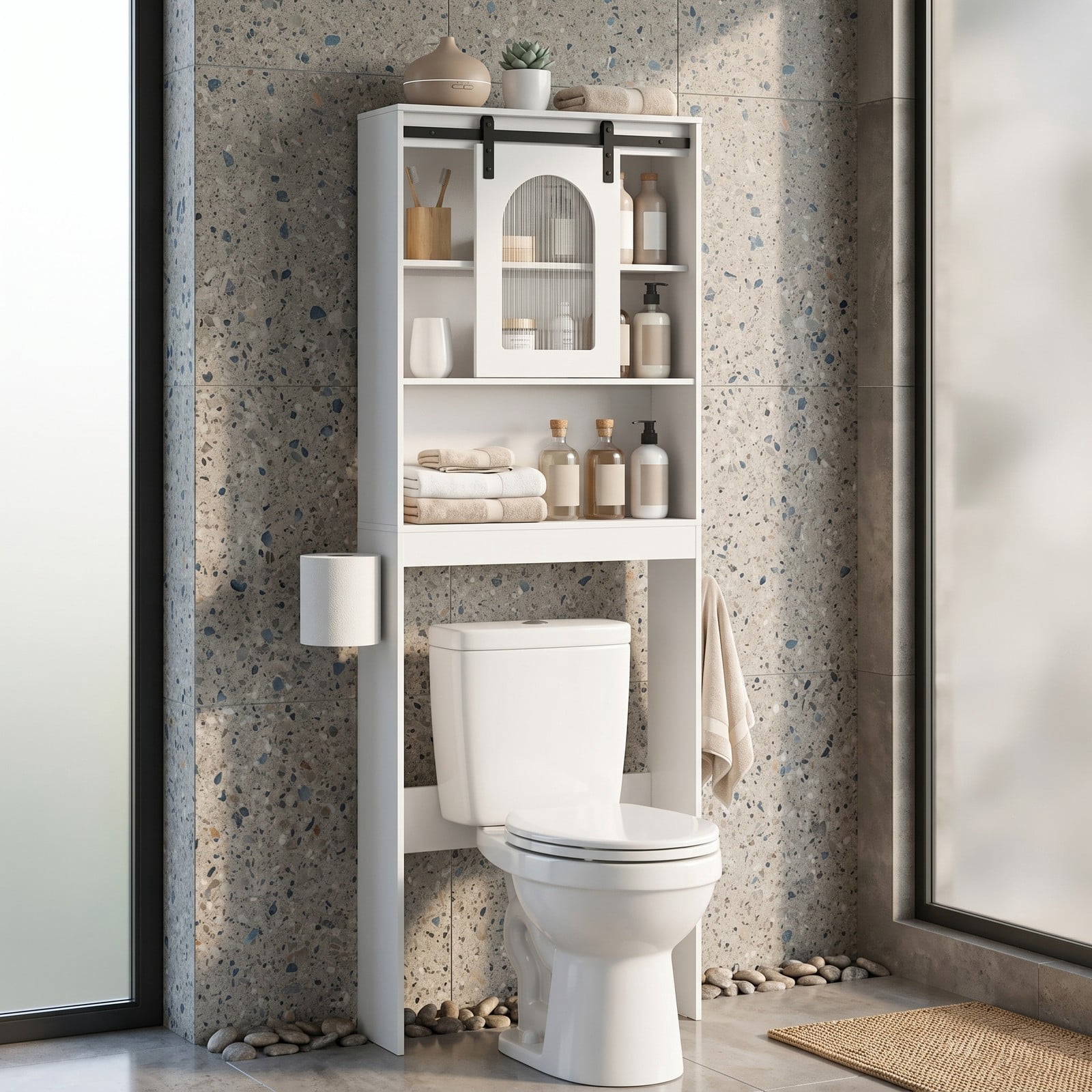 Fenbeli Over The Toilet Storage Cabinet with Sliding Barn Door and Open Shelves, Farmhouse Bathroom Space Saver Organizer Over Toilet Rack with Side Hooks, White