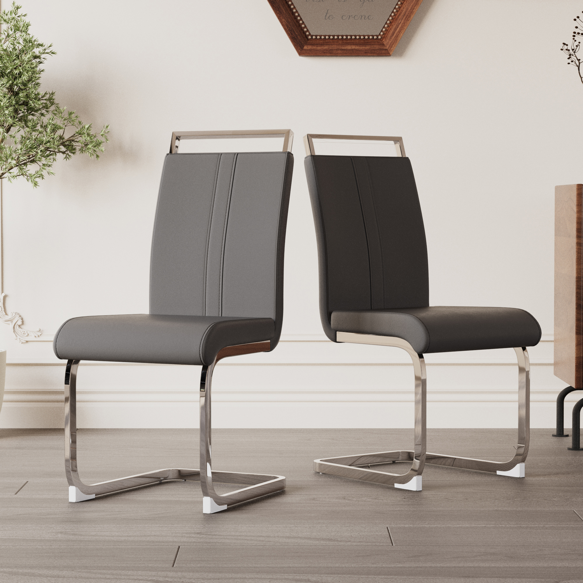 Dining Chairs Set of 4 PU Leather High Back Upholstered Chairs with Gold Metal Legs for Home Kitchen Dining Room Patio, Grey