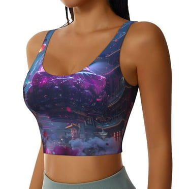 Picia Neon Buddha Cityscape Sports Bra for Women,Padded Strappy Sports Bras Medium Support Yoga Bra with Removable Cups,Running Yoga Bra-Small