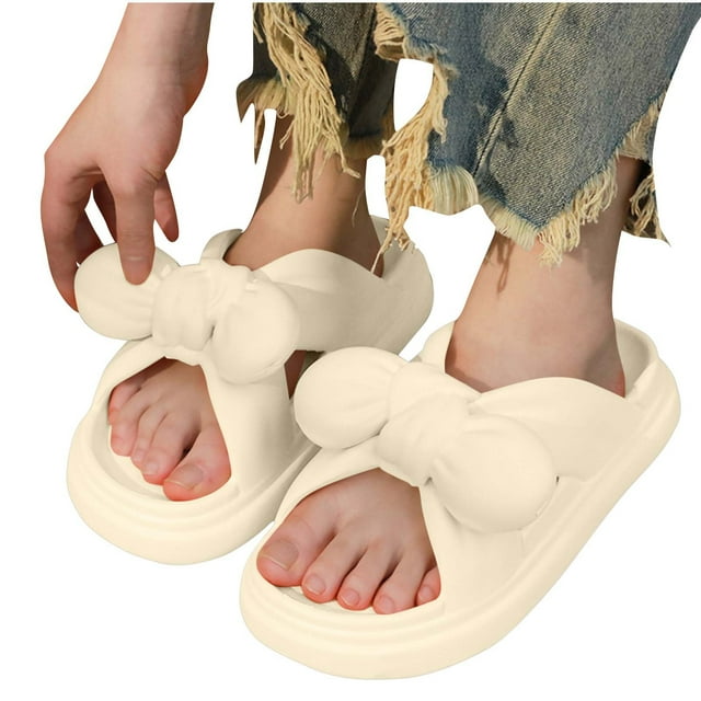 Slides for Women Flat Cross Straps Bow Thick Sole Non Slip Comfortable Beach Summer PVC Sandals White