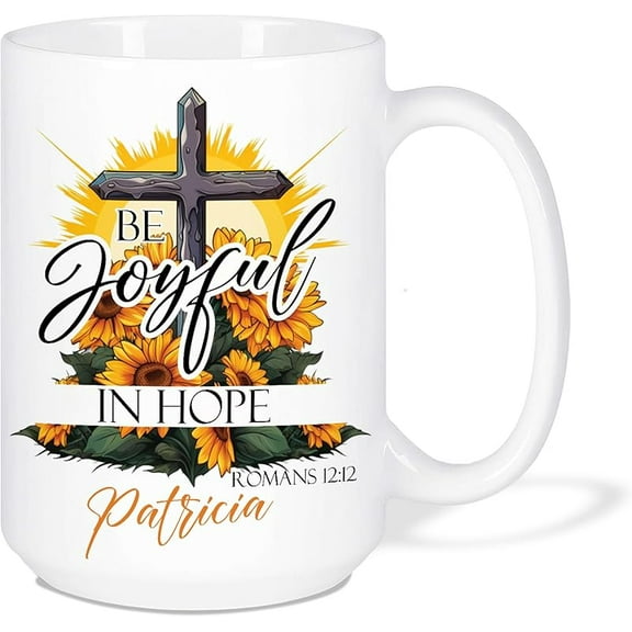 Be Joyful In Hope Customized Coffee Mugs, Personalized Name White Porcelain Floral Tea Cups Presents, Meaningful Custom Travel Mugs For Christian On Special Occasions