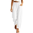 thumbnail image 2 of Women's Lightweight Textured Cropped Wide Leg Pants Elastic High Waist Rolled Hem Loose Casual Trousers with Patch Pockets Streetwear White, 2 of 6