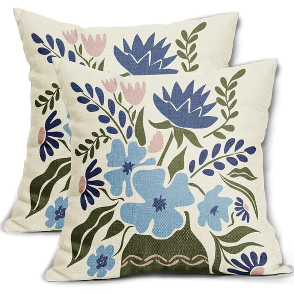Olive Green Blue Pink Floral Pillow Covers 16x16 Set of 2 Spring Geometry Art Flower Print Decorative Throw Pillow Cases Outdoor Farmhouse Decoration for Sofa Couch Bed