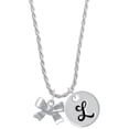 thumbnail image 1 of Delight Jewelry Silvertone 3-D Textured Bow Silvertone Script Initial Disc - L - Charm Necklace, 20"+3", 1 of 4