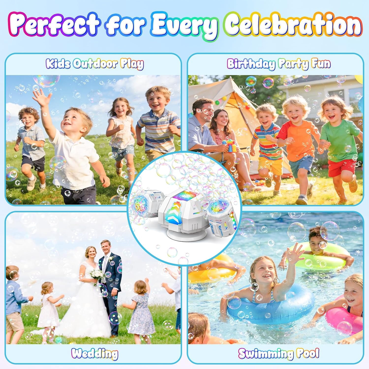 Bubble Machine, Rechargeable Bubble Maker with 360 ° Automatic Rotation & 9 LED Light, 30000+ Bubbles Blower Machine, Birthday Parties, Wedding, Indoor, Outdoor Activities