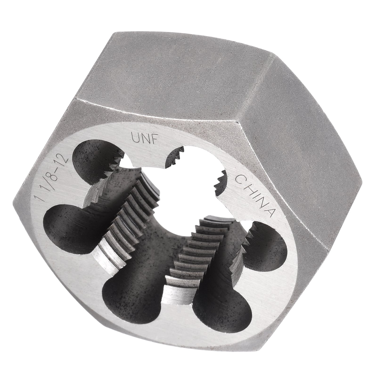 Uxcell 1-1/8 -12 Right Hand Hex Rethreading Die Alloy Steel Non‑Adjustable External Thread Hex Die Repair Tool for Aluminum Brass Mild Steel Fits Standard Die Stocks Clear Mark