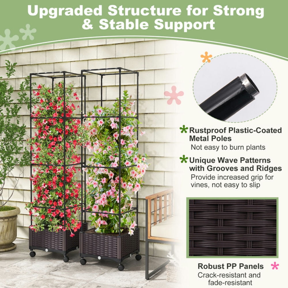 Demifill 67 Inches Raised Garden Bed with Planter Box and Trellis, 2-in-1 Functionality and Expandable Garden Bed, Brown