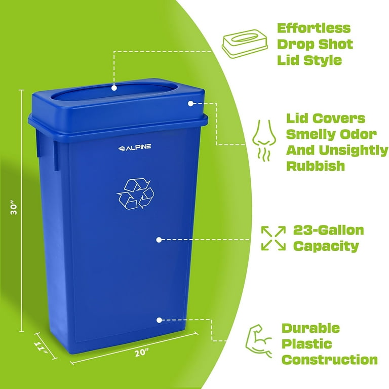 Alpine Industries Polypropylene Commercial Indoor Trash Can with Slotted Lid  23-Gallon Blue 2/Pack 
