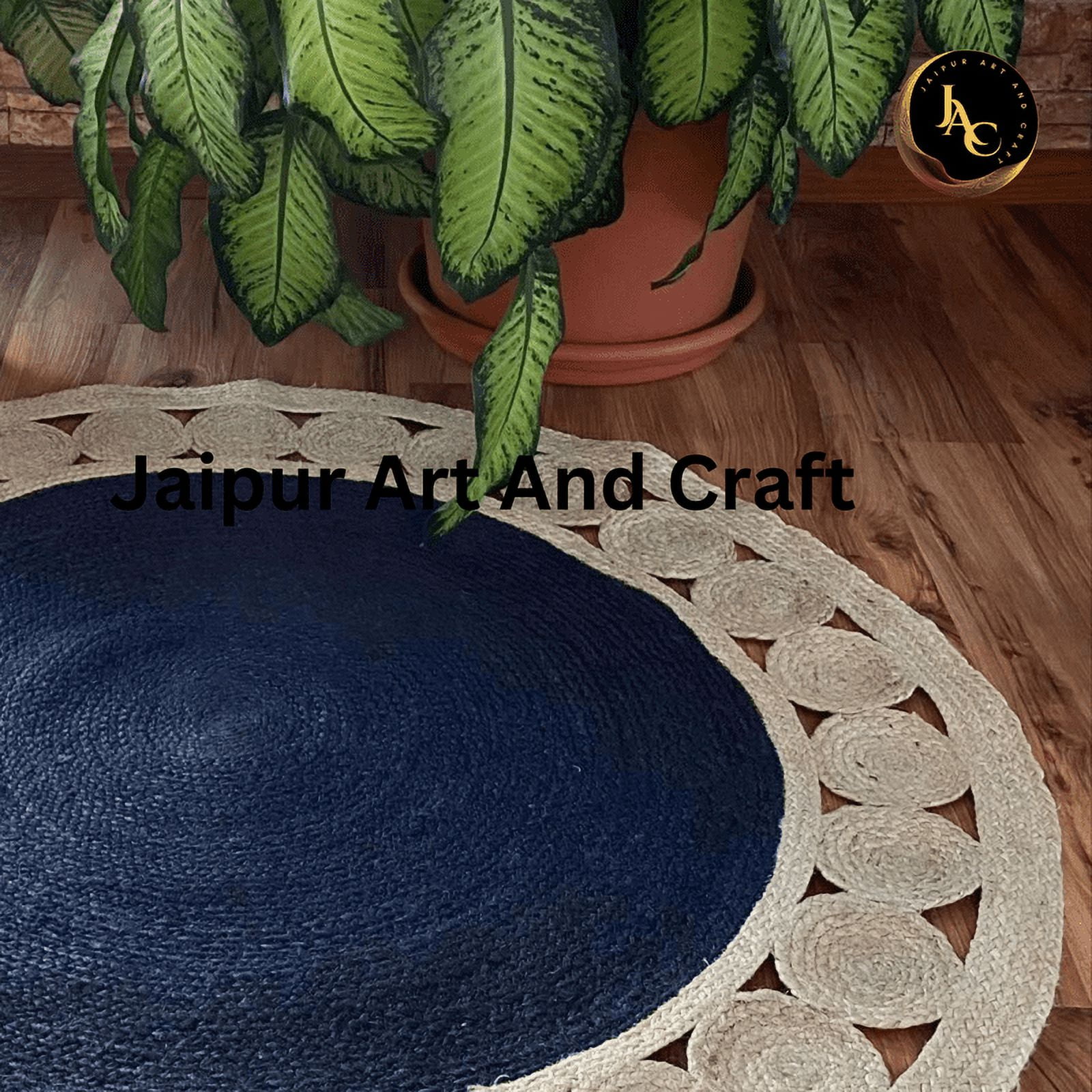 Jaipur Art And Craft Handmade Area Carpet Round Braided Natural Unbleached Jute Rug Blue and White (6x6 Sq Ft)