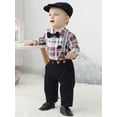 thumbnail image 4 of Baby Boy Clothes Suits 0-18 Months Gentleman Outfit Plaid Romper Beret Hat Suspender Pants Tie Wedding Set, 4 of 17