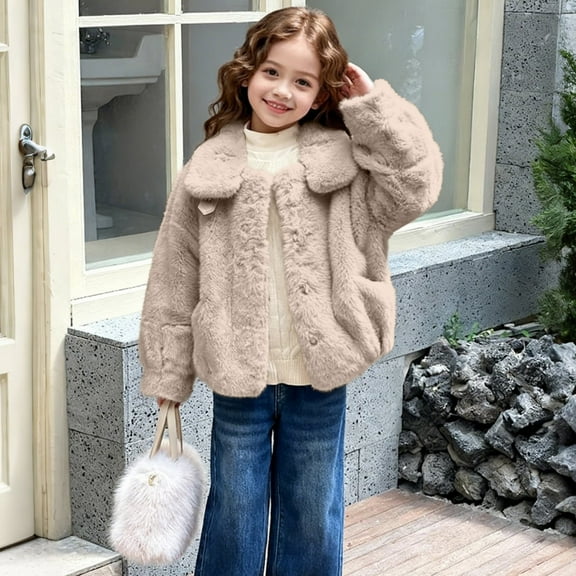 BRGZLK Girls Faux Fur Coat Kids Fluffy Long Sleeve Lapel Collar Cardigan Jacket Warm Winter Outwear with Pockets Beige 5-6 Years