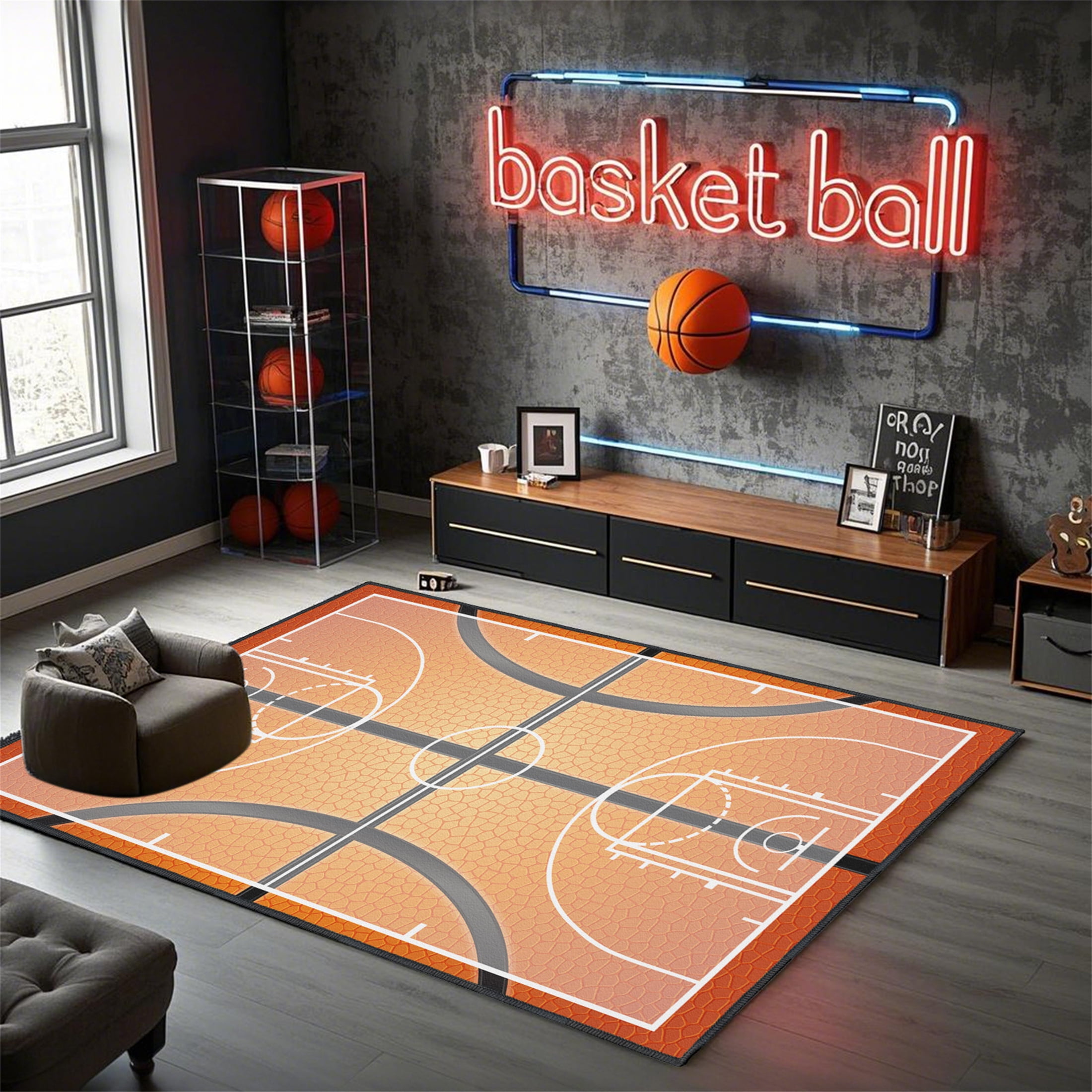 Basketball Rug for Bedroom,5'x7' Non-Slip Sports Rugs, Basketball Court Rug for Living Room or Game Room Decor
