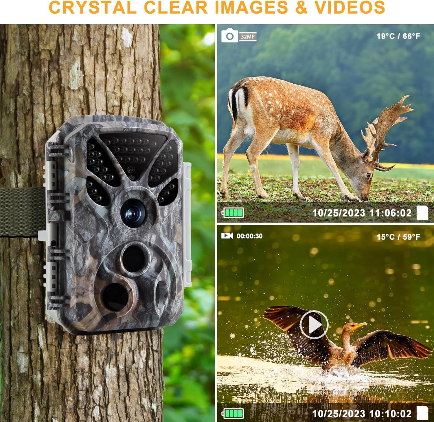 Trail Camera Game Hunting Cam 32MP 4K/2160P with Sound Recording for Wildlife, Yard, Home Security, No-Glowing Night Vision IP66 Waterproof 120° Wide Angle IR Detection Distance 100ft/30m