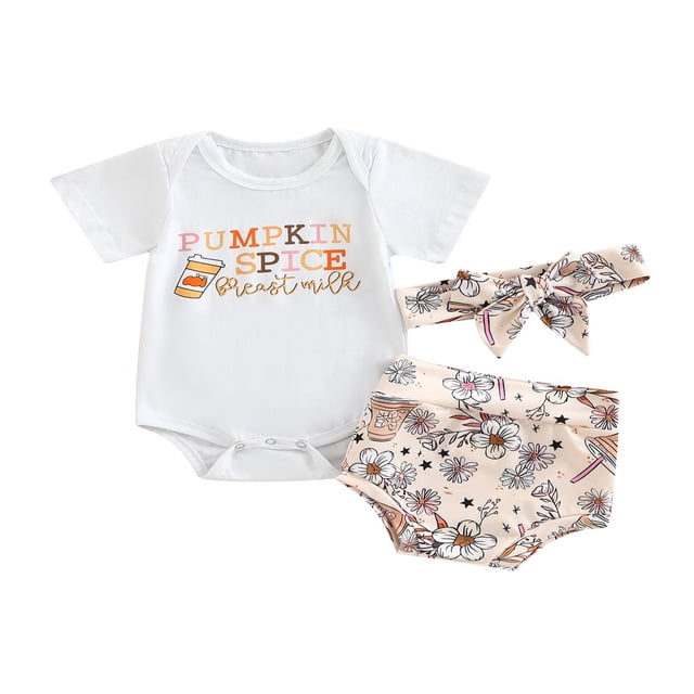 Ensemble de Vêtements de Récolte pour Bébé, Manches Courtes, Barboteuse à Imprimé Citrouille/lettre + Short Triangle à Imprimé + Bandeau à Nœud