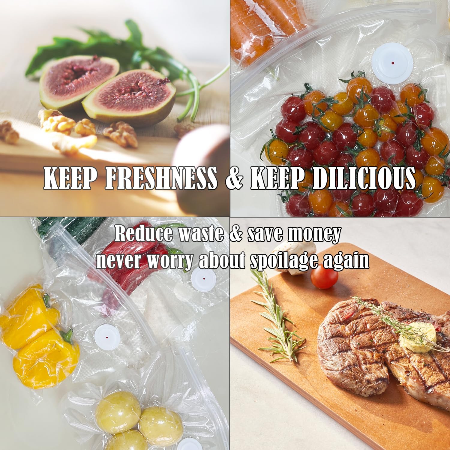 ABCISI Vacuum Sealer Bags, Reusable Vacuum Sealing Bags with Air Valve for Food Storage, Ideal for Freshness Preservation, BPA-Free, 3 Different Sizes (30 pcs)