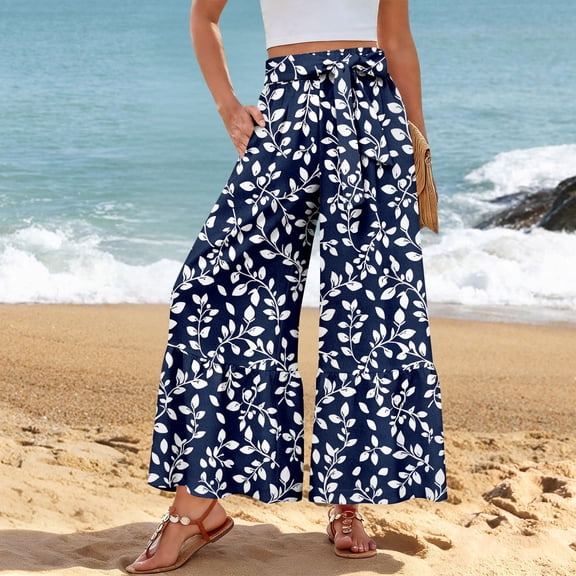 Women Summer Beach Vacation Pants High Waisted Wide Leg Pants Printed Loose Flowy Casual Palazzo Lounge Trousers Royal Blue M