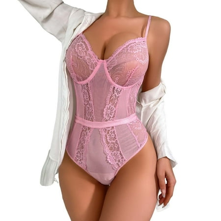 Yuhangmm Women s Lingerie Bodysuit Sexy Body Lingerie Lace Suspender Tops Outfit Snap Crotch Womens Lingerie Corset with Garter And Stockings