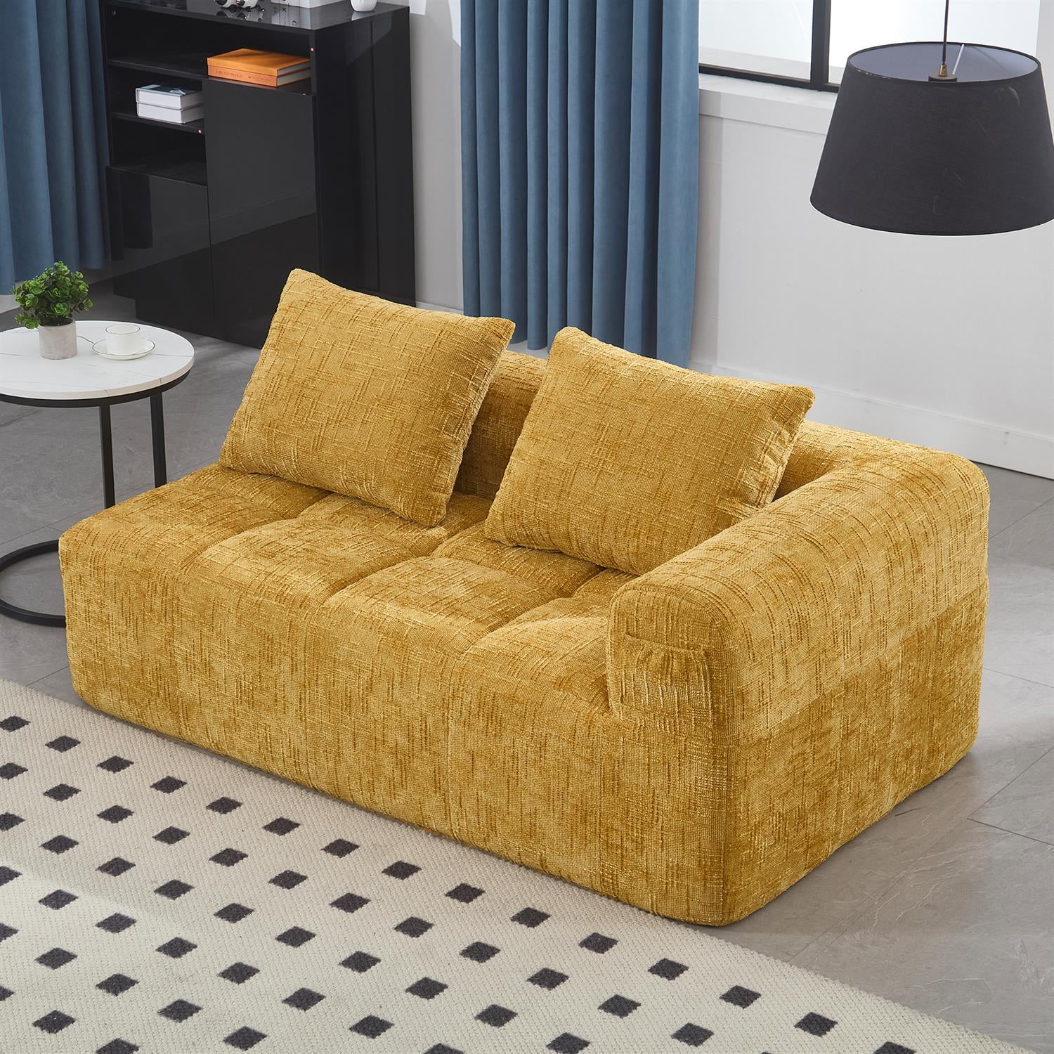 Demi Bonn 62" Plush Chenille Loveseat Sofa, Modular Sleeper for Living Room, Bedroom, Apartment Lounge, Stylish & Comfortable Couch, Yellow