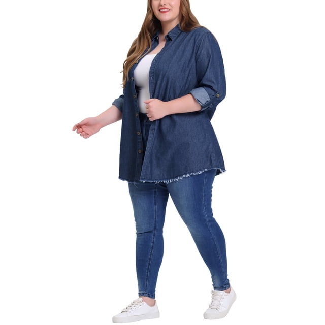 Camisas de talgrande pamujer Camide mezclilcon botones de cambray Azul Oscuro 1X
