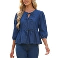 thumbnail image 4 of INSPIRE CHIC Women's Denim Tops Tie Front Puff Sleeve Ruffle Hem Peplum Blouse Jean Shirts S Deep Blue, 4 of 6