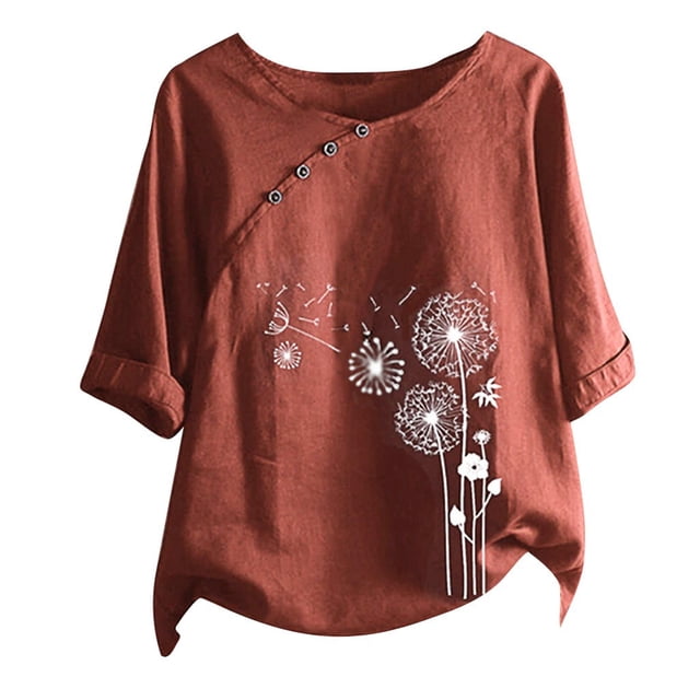 Chemises en Lin à Manches Courtes pour Femmes Blouses en Coton Imprimé Floral Tunique Décontractée Tendance Tenues d'Été Décontractées Col Rond T-Shirt Imprimé Floral Mode Blouse Rouge 3TG