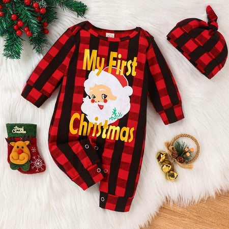 

Boys Girls Long Sleeve Christmas Plaid Cartoon Santa Prints Romper Jumpsuit Hat Set