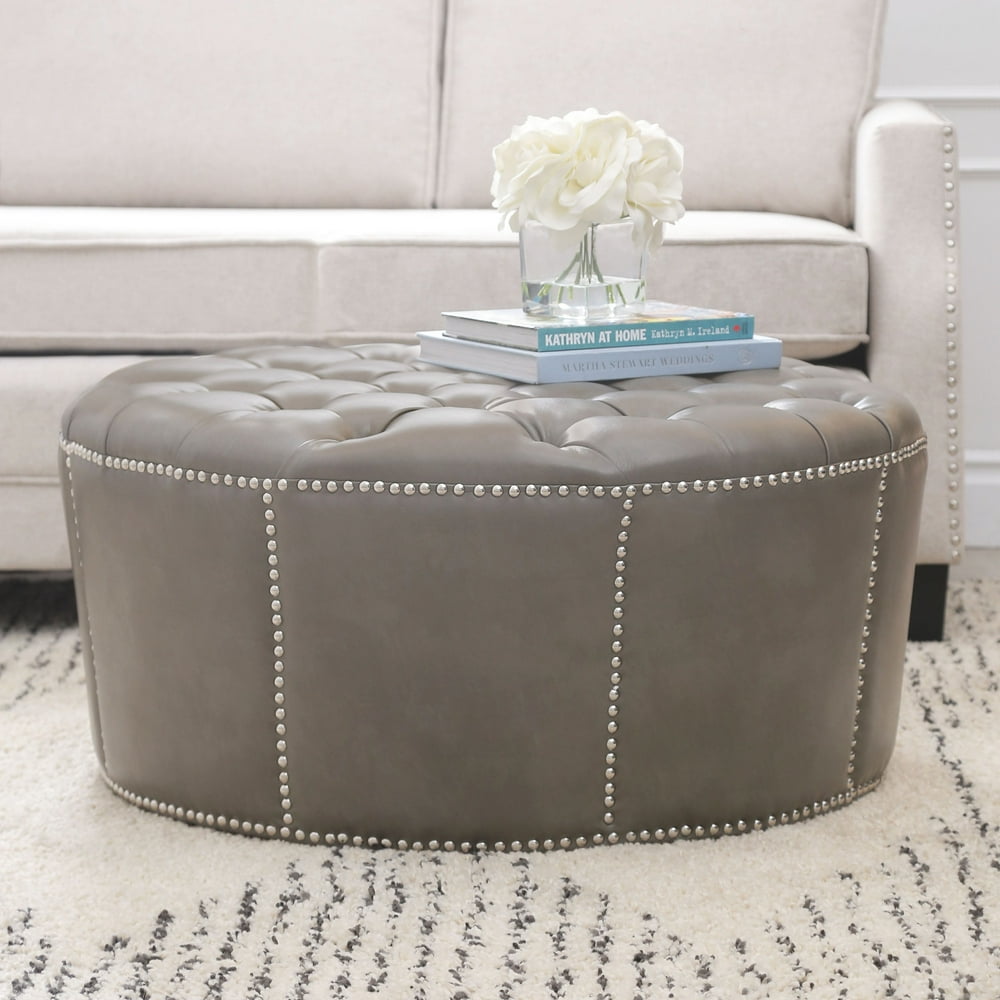 Devon & Claire Laguna Gray Leather Nailhead Trim Round Ottoman
