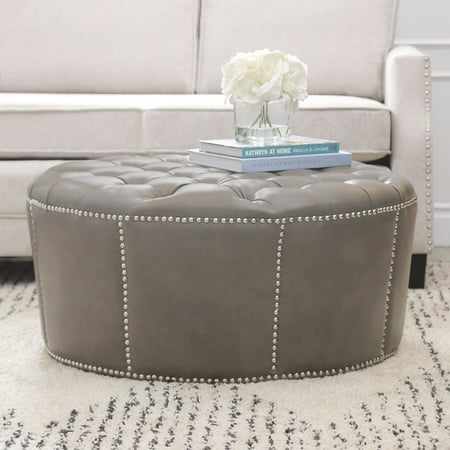 12 Round Leather - Devon & Claire Laguna Grey Leather Nailhead Trim Round Ottoman