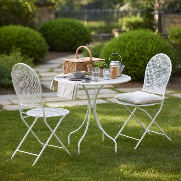 Resenkos Patio Dining Sets,Patio Furniture Sets,3 Piece Metal Bistro Patio Round Table and 2 Folding Chairs Set-White