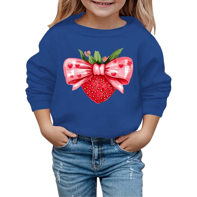 MEZZALL Spring Love Heart Fashionable Strawberry Knot Print Children Sweatshirt Hoodie Pullover Tops Stylish Infants Dailywear, Blue, 18-24 Months