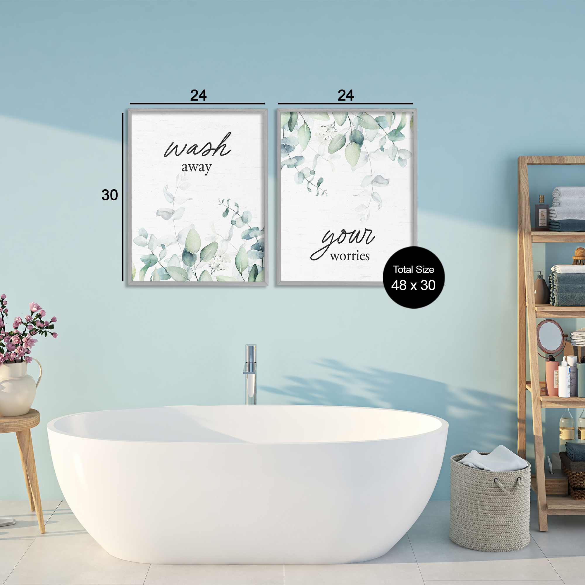 Wash Away Your Worries Leaves 2 Piece Gray Framed Giclee Art Set, design by Lettered and Lined