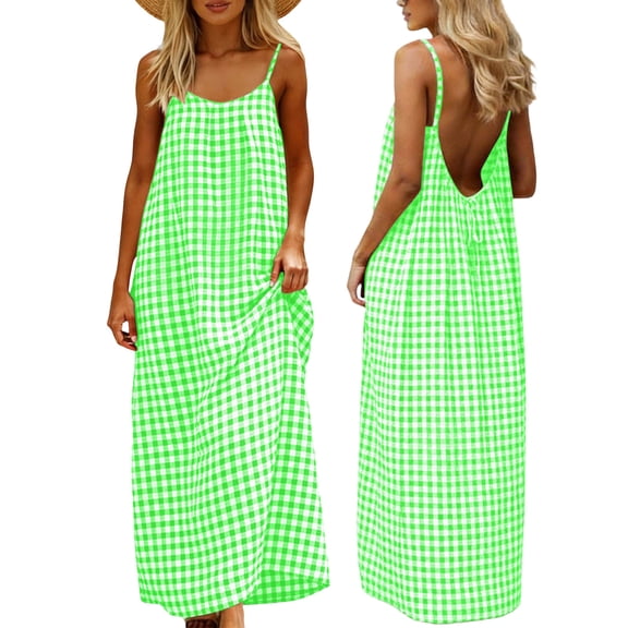 aohooy Plaid Summer Maxi Dresses for Women Casual Sleeveless Backless Cami Dress Loose Spaghetti Strap Cotton Linen Sundress 2026 Mint Green,S