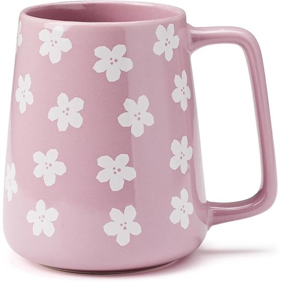 24oz Pink Ceramic Mug with White Floral Pattern - Cute Coffee Cup with Flower Design