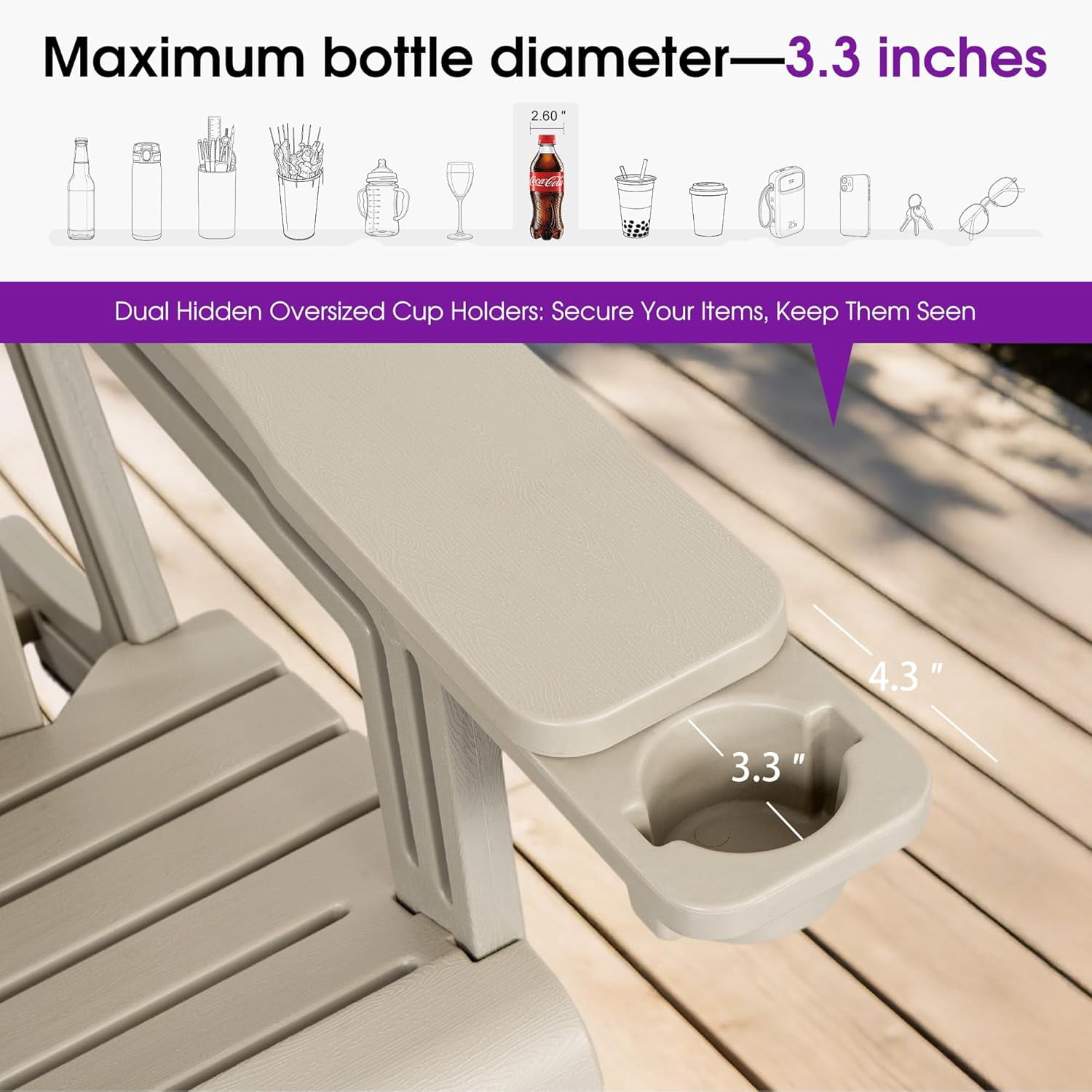 PURPLE LEAF Adirondack Chair HDPE All-Weather Outdoor Fire Pit Chair with 24.6" Oversized Seat Wood-Textured Patio Adirondack Chair with Dual Cup Holders for Garden Deck Backyard, Champagne