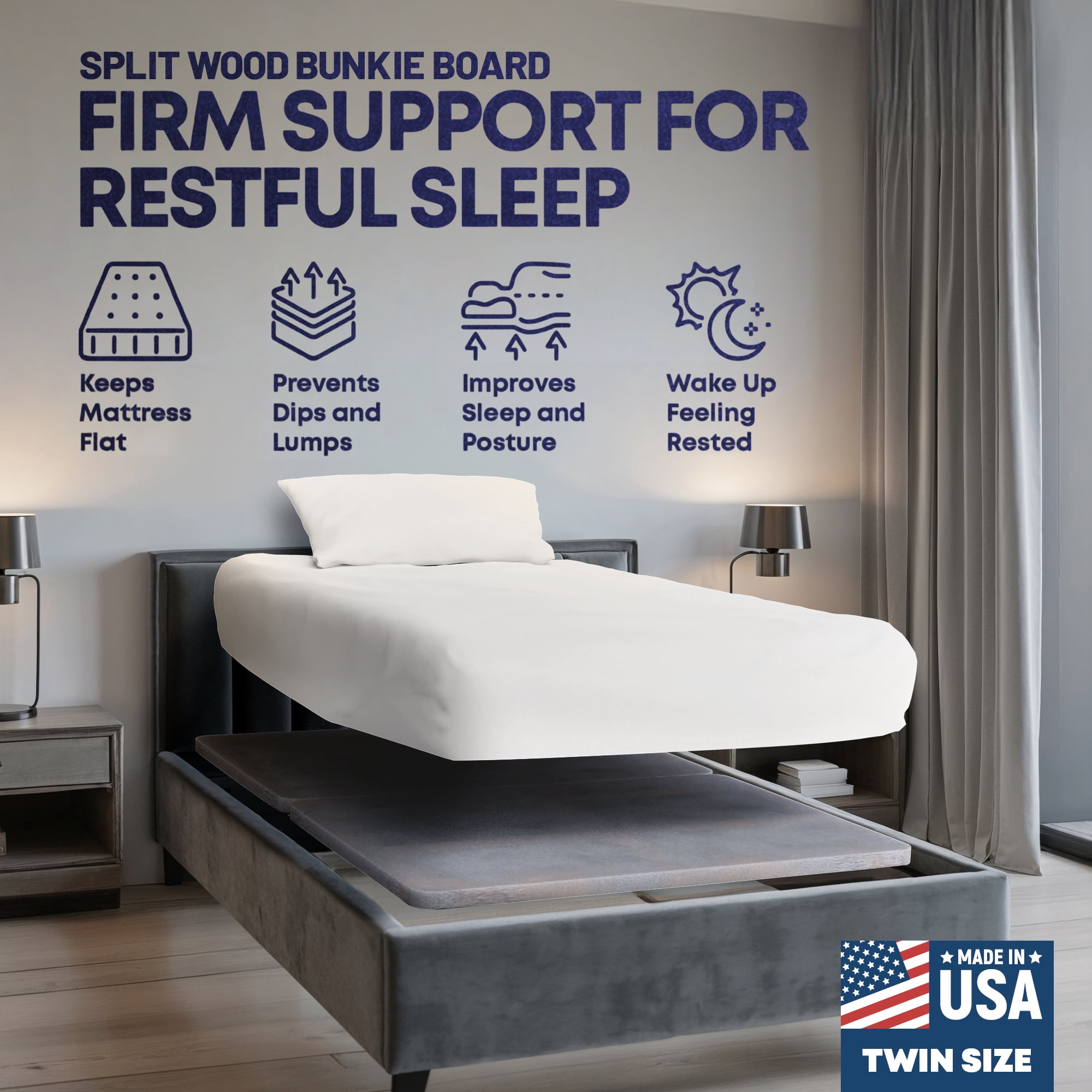 Continental Sleep, 1.5" Split Wood Bunkie Board Twin Size Bed, 2-Piece Under Mattress Support, Fully Assembled, Fabric Ventilation Cover-Replaces Wooden Slats or Box Spring for Bed Frames
