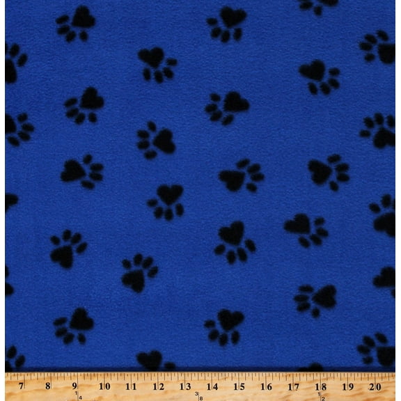Fleece Paw Prints Pawprints Black Paws on Blue Dogs Pets Animals Fleece Fabric Print by the Yard (A329.10)