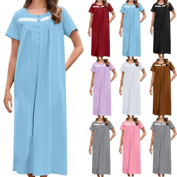 Aboser Long Nightgown for Women Short Sleeve Home Loungewear Casual Button Up Nightdress Loose Fit Crewneck Sleepshirts Comfort Soft Maxi Sleepwear