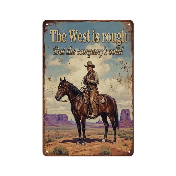 Cowboy On Horseback Western Landscape Sign Metal Tin Sign Wall Decor Wall Art Vintage Room Decoration Tin Painting Poker Room Poster for Home Man Cave Bar Cafe Store Garage Or Club 12x8 Inches