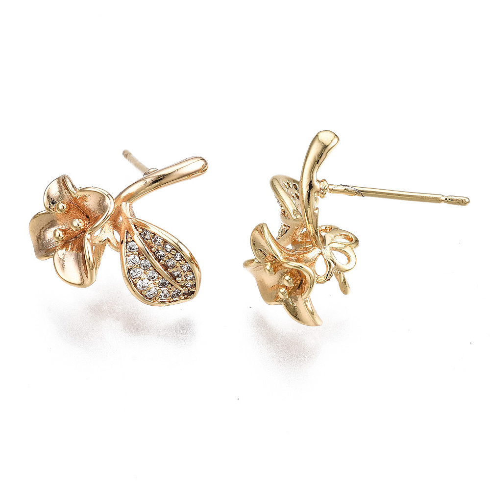 Brass Micro Pave Clear Cubic Zirconia Earring Findings for Half Drilled Beads Nickel Free Flower Real 18K golden Plated 16x14.5mm Pin: 0.7mm pin: 0.7mm(for half drilled beads)