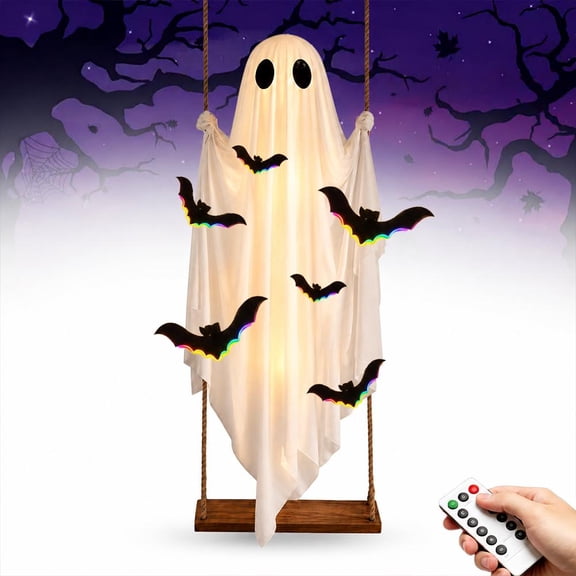 6FT Large Hanging Swing Ghost 72x13.7 Inch, Polyester Wood Oxford Cloth Plastic, Spooky Porch Welcome for Front Porch Yard Tree, Thrill Trick-or-Treaters Halloween Decor