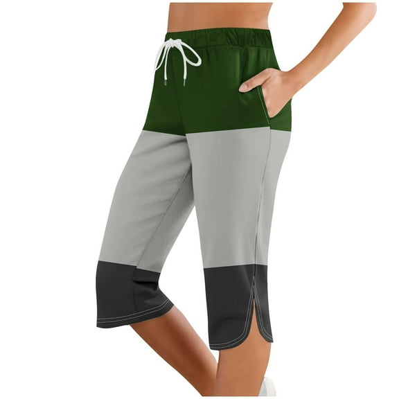 Capris for Seniors，Summer Womens Athletic Capris Pants Side Split Color Block Capri Pants Lace-Up Elastic Waist Pants Hip Lift Tummy Control Yoga Leggings Workout Gym Clothes
