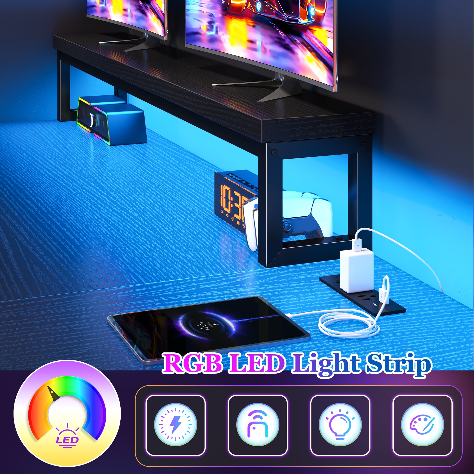 Romorgniz Gaming Desk Computer Desk with LED Lights & Power Outlet Reversible l Shaped Desk with 3 Drawers 48"L Office Desk with Monitor Stand for Gaming Room,Home Office,Bedroom,Black