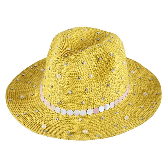 56-58cm hat circumference female summer pearl straw hat sunscreen hat travel sun hat vacation beach wide-brimmed jazz hat - yellow