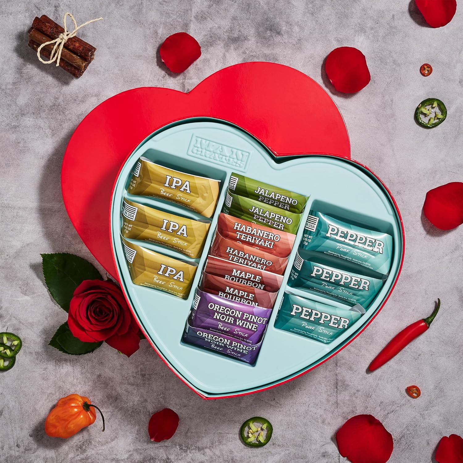 Man Crates Jerky Heart, Beef Sticks Snack Pack with Flavors Like Habanero and Maple Bourbon for Father's Day Gifts
