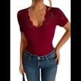 thumbnail image 3 of Camisetas de Corta con Cuello en V y Encaje para Mujer, Camisetas Básicas Ajustadas de Punto Acanalado, Estilo Informal de Verano para Negocios Vino Tinto XXL, 3 of 10