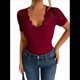 thumbnail image 3 of Camisetas de Corta con Cuello en V y Encaje para Mujer, Camisetas Básicas Ajustadas de Punto Acanalado, Estilo Informal de Verano para Negocios Vino Tinto XL, 3 of 10