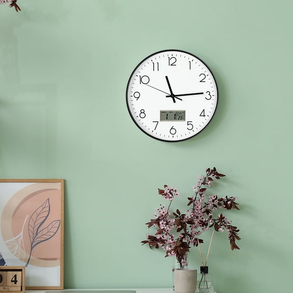 12-Inch Wall Clock with Digital Calendar and Temperature Display, Silent Non-Ticking Quartz Clock for Home & Office, Black Frame