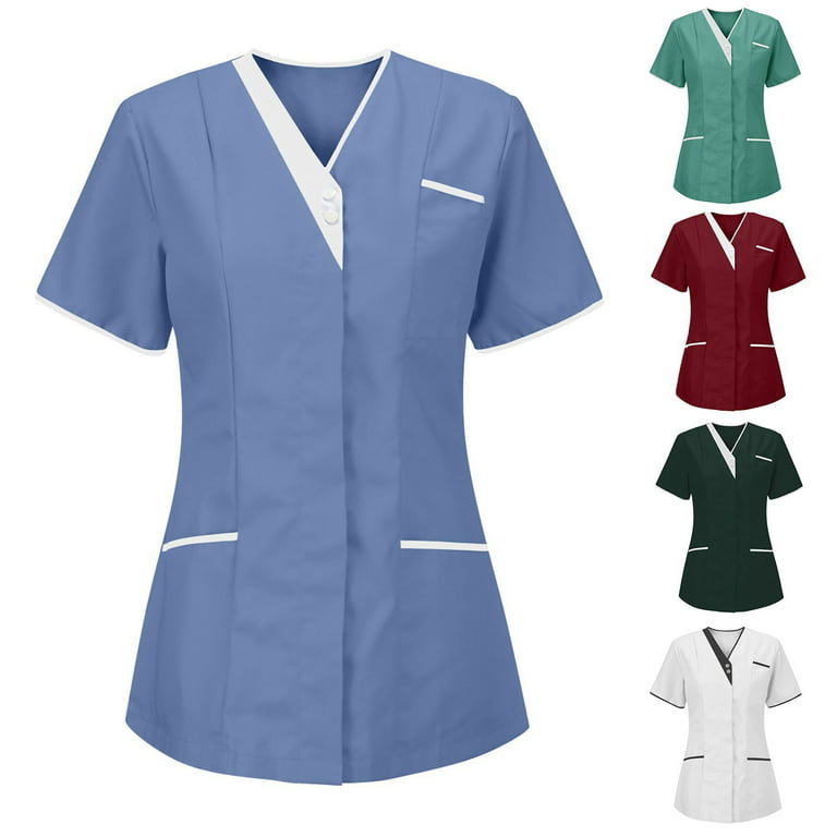 JWZUY Women's Nurses Tunic Uniform Nursing Workwear Short Sleeve Solid Color  V-Neck Shirts Blouse Tops TShirt with Pockets Mint Green M 