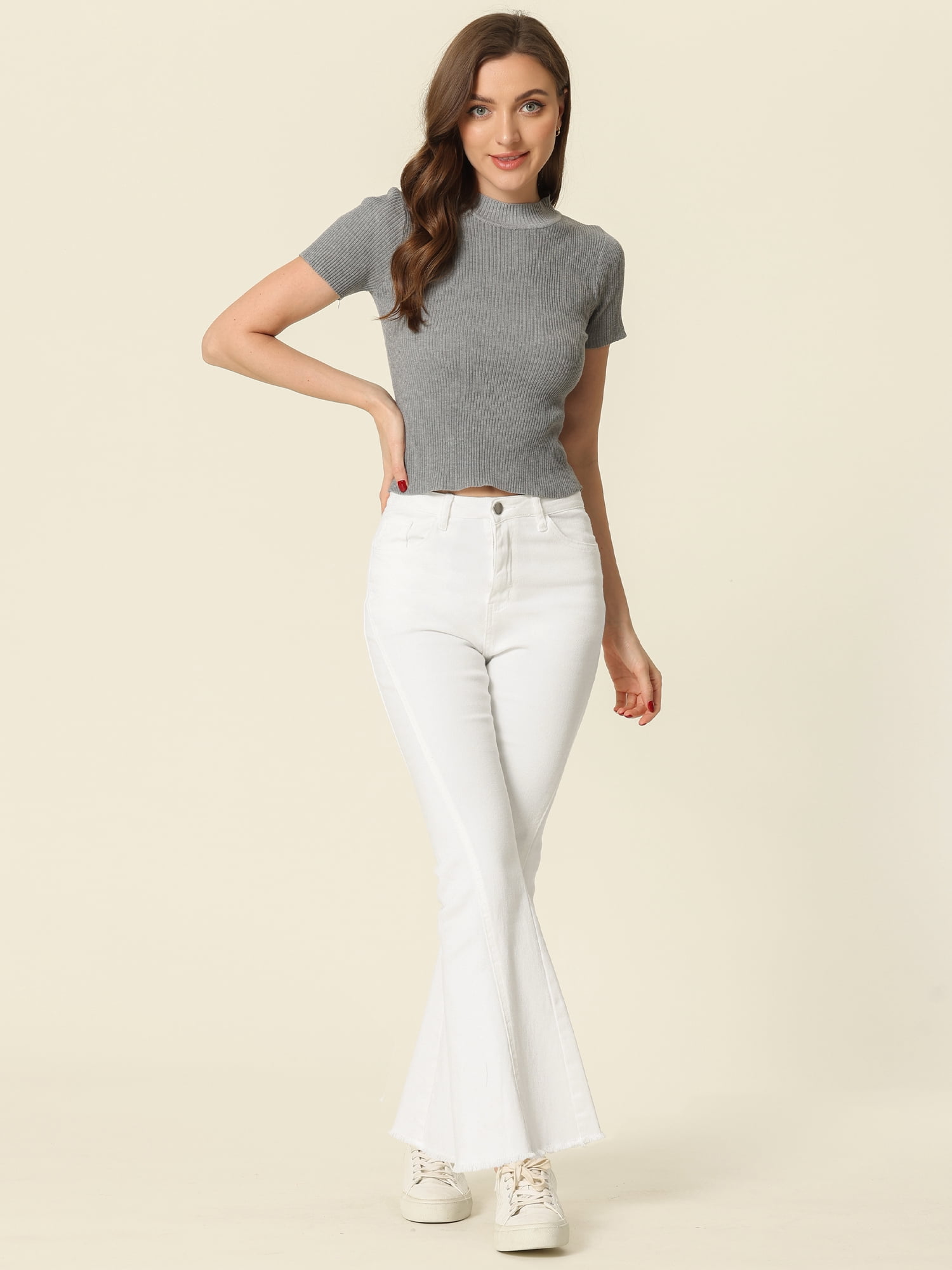 DARING DIVA Women's Flare Denim Pants High Waist Stretch Bell Bottoms Jeans S White