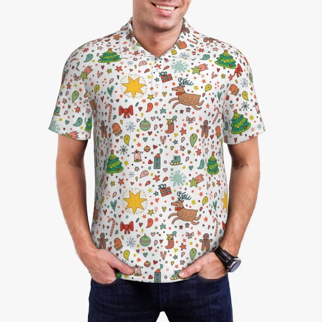 Fotbe Winter Christmas And New Year Deer Camiseta Polo de Golf para Hombre con Estampado – Camisa Deportiva Transpirable con Cuello Abotonado-Large